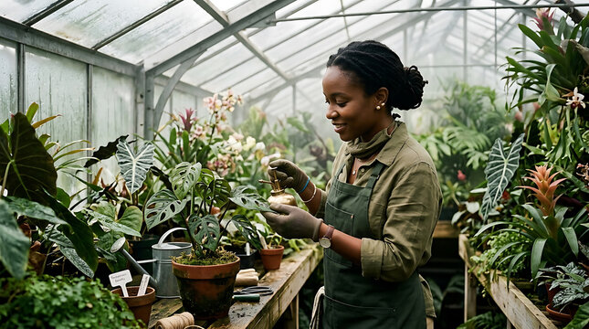 Black woman tending to plants in a greenhouse, misting leaves with a golden sprayer, surrounded by lush greenery and tropical foliage