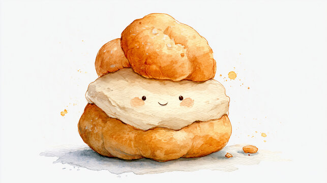 Cute cartoon pastry character with a smiling face and fluffy layers.