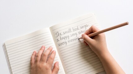 Obraz premium Childs hand writing in a lined notebook with a pencil