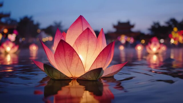 Glowing Lotus Lanterns Floating on Calm Water at Twilight During a Traditional Festival