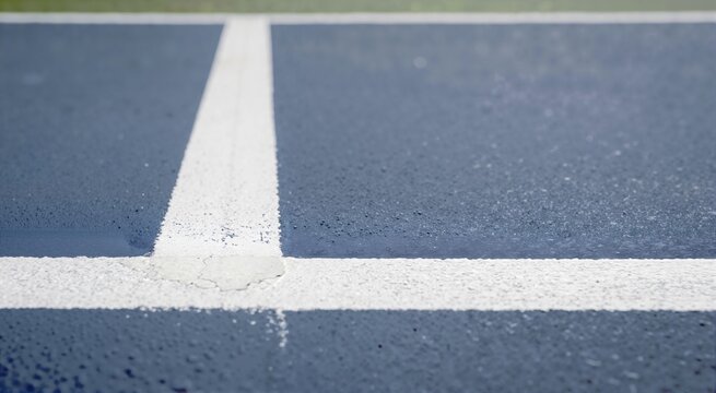 Close up of white boundary lines on a blue hard tennis court. Textured sports surface background with selective focus