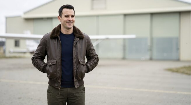 Smiling male pilot in brown leather aviator jacket standing on airfield. Confident man at airport with airplane and hangar in background