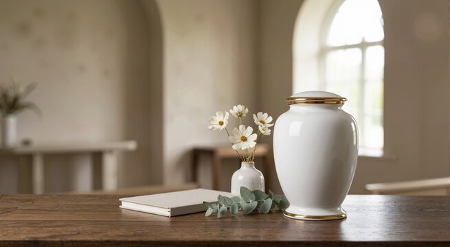 White porcelain cremation urn with gold rim on a wooden table. Memorial service setting with flowers and book in soft light. Funeral and remembrance concept