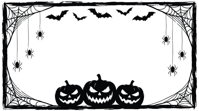 Spooky halloween border frame featuring silhouette pumpkins with flying bats and hanging spiders on white background