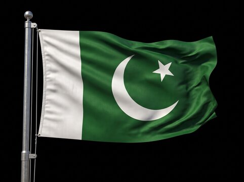A detailed Pakistani national flag waving gracefully on a metallic flagpole against a solid black studio background. (17 words)