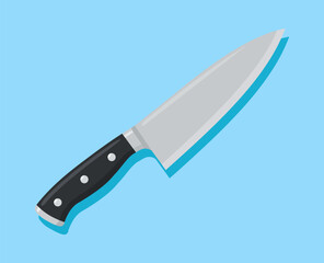 Obraz premium A sharp professional chefs knife with a black handle isolated on a bright light blue background