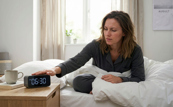 Groggy woman turning off a digital alarm clock at 06:30 AM in bed. Waking up early for an August back to work morning routine. Daily schedule and lifestyle