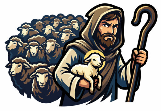 Shepherd leaving ninety nine sheep to look for one lost lamb. Biblical parables theme. Continuous line art vector illustration