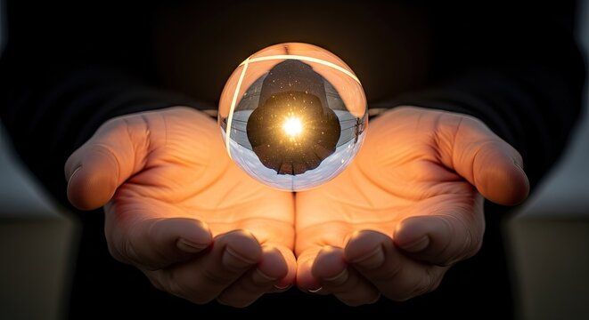 Transparent sphere levitating over hands showing internal light