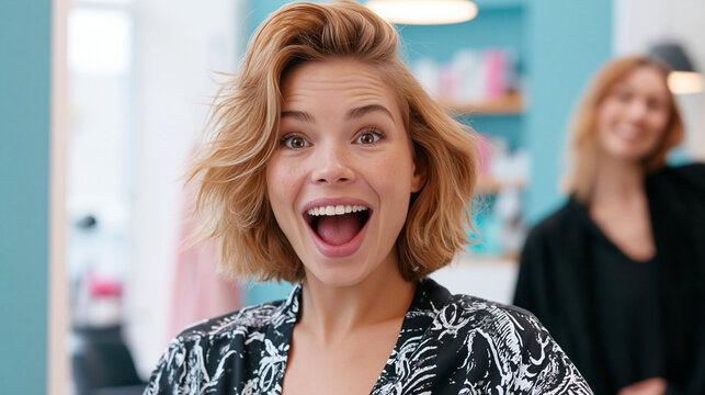 Cheerful young woman with short blonde hair smiles joyfully at the camera.