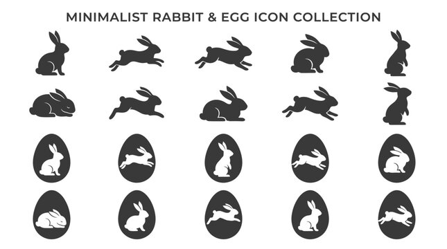 Minimalist rabbit and easter egg vector icons set displaying various poses in black and white colors