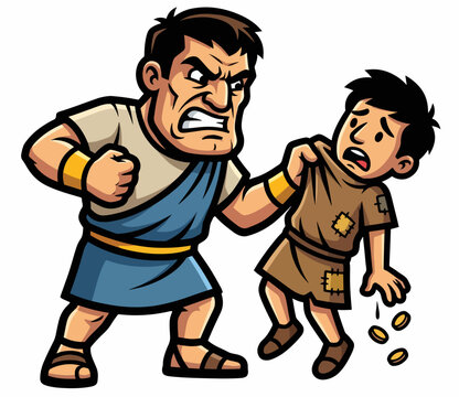 Angry servant grabbing fellow worker silhouette. Biblical Kingdom Parables theme vector illustration. Isolated on white background