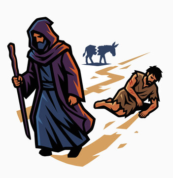 Injured man on road as priest walks away. Good Samaritan biblical parable. Flat vector illustration isolated on white