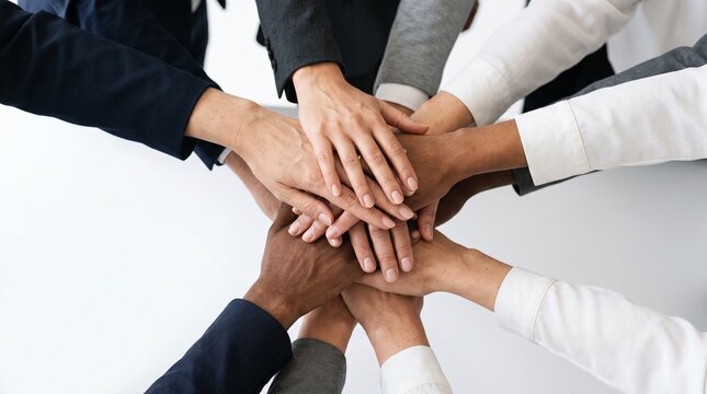 Diverse group of people stacking hands together in a sign of unity and teamwork