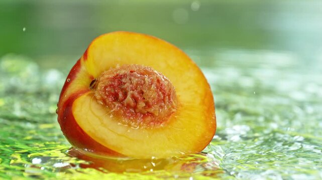 Super Slow Motion Shot of Fresh Nectarine Falling into Water and Making Splash at 1000fps.