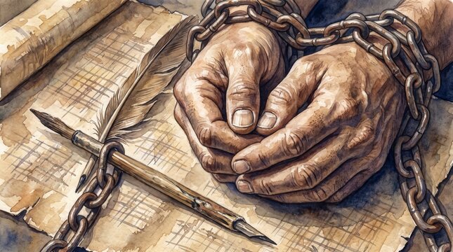 Hands in iron chains holding quill and papyrus. Early Church apostles and Paul epistles in prison concept. Watercolor illustration of writing scripture in captivity