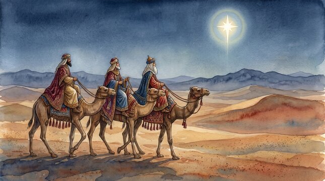 Watercolor illustration of three wise men riding camels in the desert towards a bright star. New Testament Nativity theme. Christmas background
