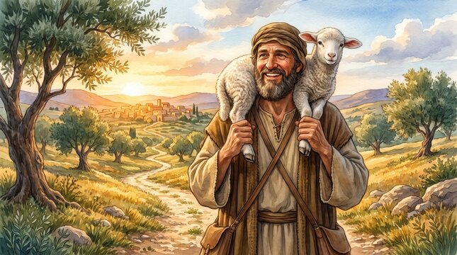 Joyful shepherd returning home with a lost sheep in his arms. Biblical Parables Lost Sheep theme. Watercolor illustration