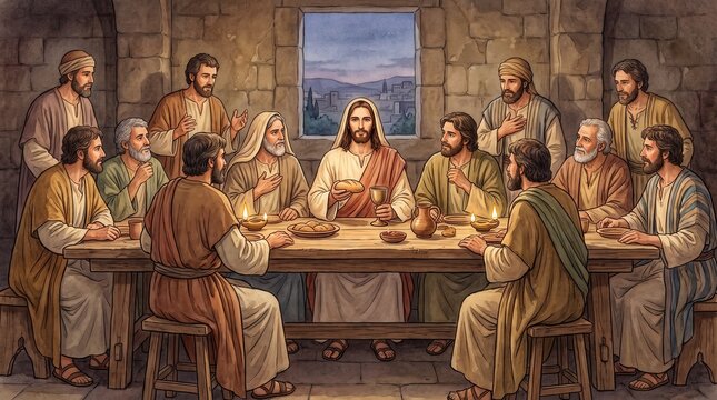 Jesus Christ and the twelve disciples at the Last Supper. Biblical scene of the final meal. New Testament watercolor illustration