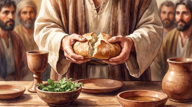 Close up of hands breaking bread at a wooden Passover table with a chalice and herbs. Watercolor illustration of a New Testament Passion of Christ theme