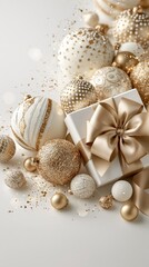 Obraz premium Elegant white and gold Christmas ornaments scattered around a gift box with a large satin bow on a white background.