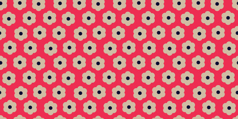 Seamless floral pattern with simple beige flowers on vibrant red background, cheerful repeating botanical design for fabric, wallpaper, wrapping paper, stationery, textile, modern decor style © SpainArts
