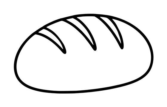 Hand-drawn black and white vector illustration icon of a classic rustic bread loaf with decorative score marks on top, minimalist line art style for bakery branding