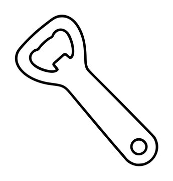 Hand-drawn vector icon illustration of a classic bottle opener tool, minimalist black outline contour with rounded ergonomic handle and small hanging hole, simple isolated line drawing on white