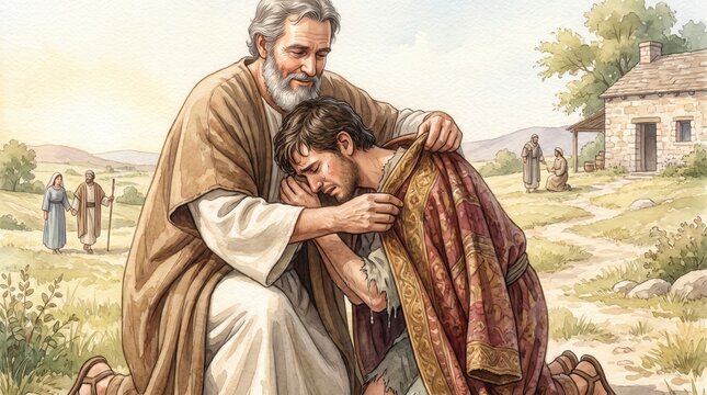 Merciful father embracing and putting a fine robe on his returning son. Parable of the prodigal son watercolor illustration. Forgiveness and grace concept