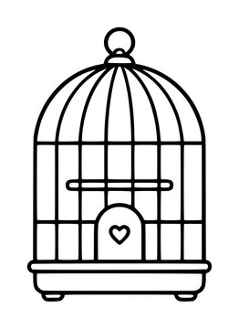 Hand-traced vector icon of a classic domed birdcage featuring a small heart on its arched door, perched on a flat base, drawn with clean black outline strokes