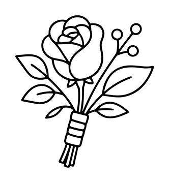 Hand-traced vector line illustration of a delicate rose boutonniere wrapped with ribbon and decorative leaves, minimalist black outline floral icon for wedding or groom accessory design