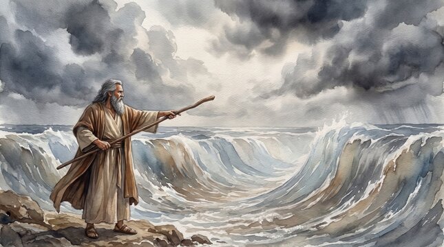 Moses parting the Red Sea with his staff. Old Testament biblical miracle scene. Watercolor illustration of dramatic storm clouds and waves
