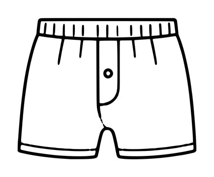 Hand drawn vector outline icon of men boxer shorts with elastic waistband, button fly detail, and stitched hem cuffs, isolated black and white illustration for apparel design