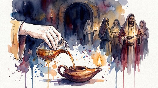 Hand pouring olive oil into a clay lamp. Biblical parable of the ten virgins concept. Watercolor illustration of oil lamp with flame and figures in the background