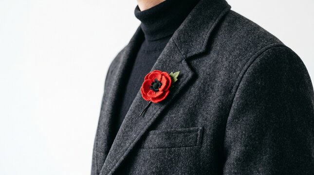 Man wearing a charcoal grey coat with a red poppy brooch on lapel