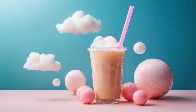 against a soft pastel backdrop bubble tea glass with pink straw is surrounded by stylized clouds spheres and small planet in whimsical dreamlike scene copy space
