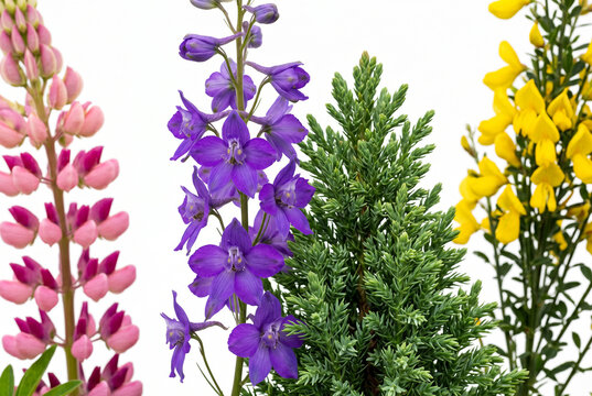 Bright purple delphinium flowers and green conifer plant branches