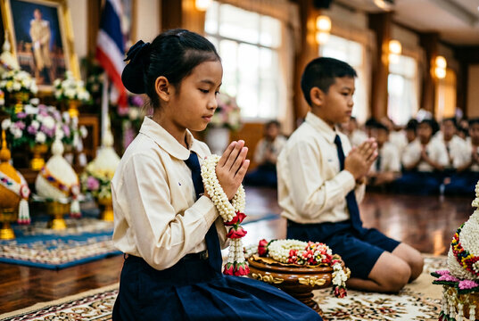 Thai school students praying with flower garlands during wai kru ceremony
