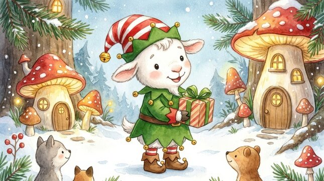 Cute goat dressed as an elf holding a Christmas gift in the snow. Winter woodland scene with mushroom houses and animals. Festive watercolor holiday illustration