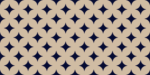 Seamless bold geometric floral pattern with rounded beige shapes and navy star motifs creating striking retro style for wallpaper, fabric, textile, packaging, modern surface design artwork © SpainArts