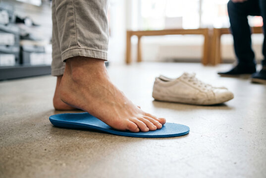 Man measuring bare foot on blue orthopedic insole in modern shoe store