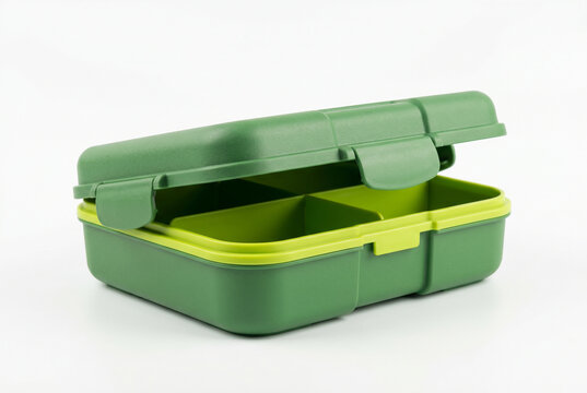 Open green plastic lunch box with compartments on white background