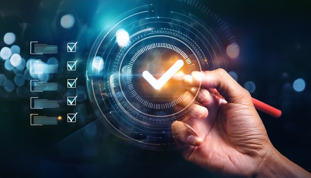 abstract digital checklist interface with checkmarks and glowing bokeh lights representing progress completion and data processing