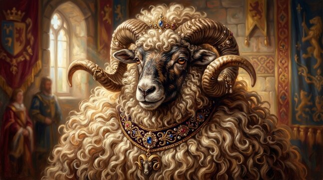 Illustrated portrait of a regal ram with a thick wooly mane and jeweled horns. Majestic sheep wearing a crown and ornate collar in a medieval castle interior