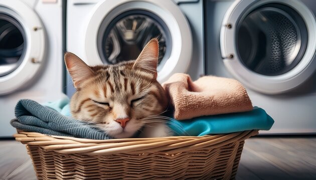 sleepy cat with watery eyes in laundry basket crying softly with folded clothes and washing machines in background