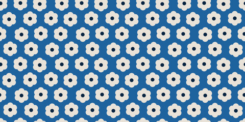 Seamless retro floral pattern with simple white flowers on blue background creating cheerful Scandinavian style surface design for fabric wallpaper wrapping paper textile decor and modern print © SpainArts
