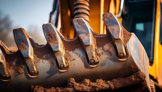 an intense detailed photo revealing the grimy teeth of an excavator bucket covered in rust and mud from extensive use on a construction site
