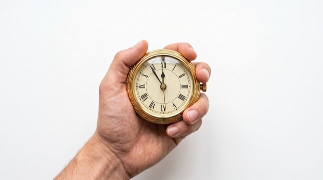 Man holding a vintage gold pocket watch with Roman numerals on a white background