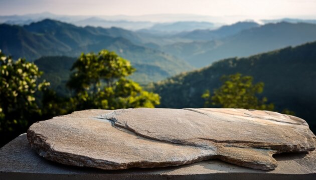 flat rock table for presentation product on the top of mountain and trees background