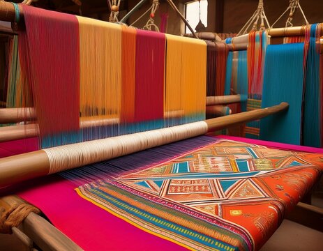 colorful sambalpuri weave textile art with traditional ikat patterns from odisha displayed on handloom inside workshop